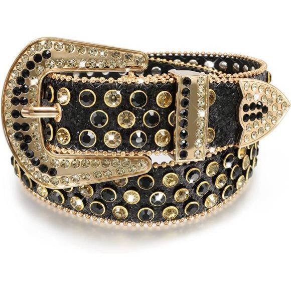 WOMEN Men Rhinestones Belt L-black Gold